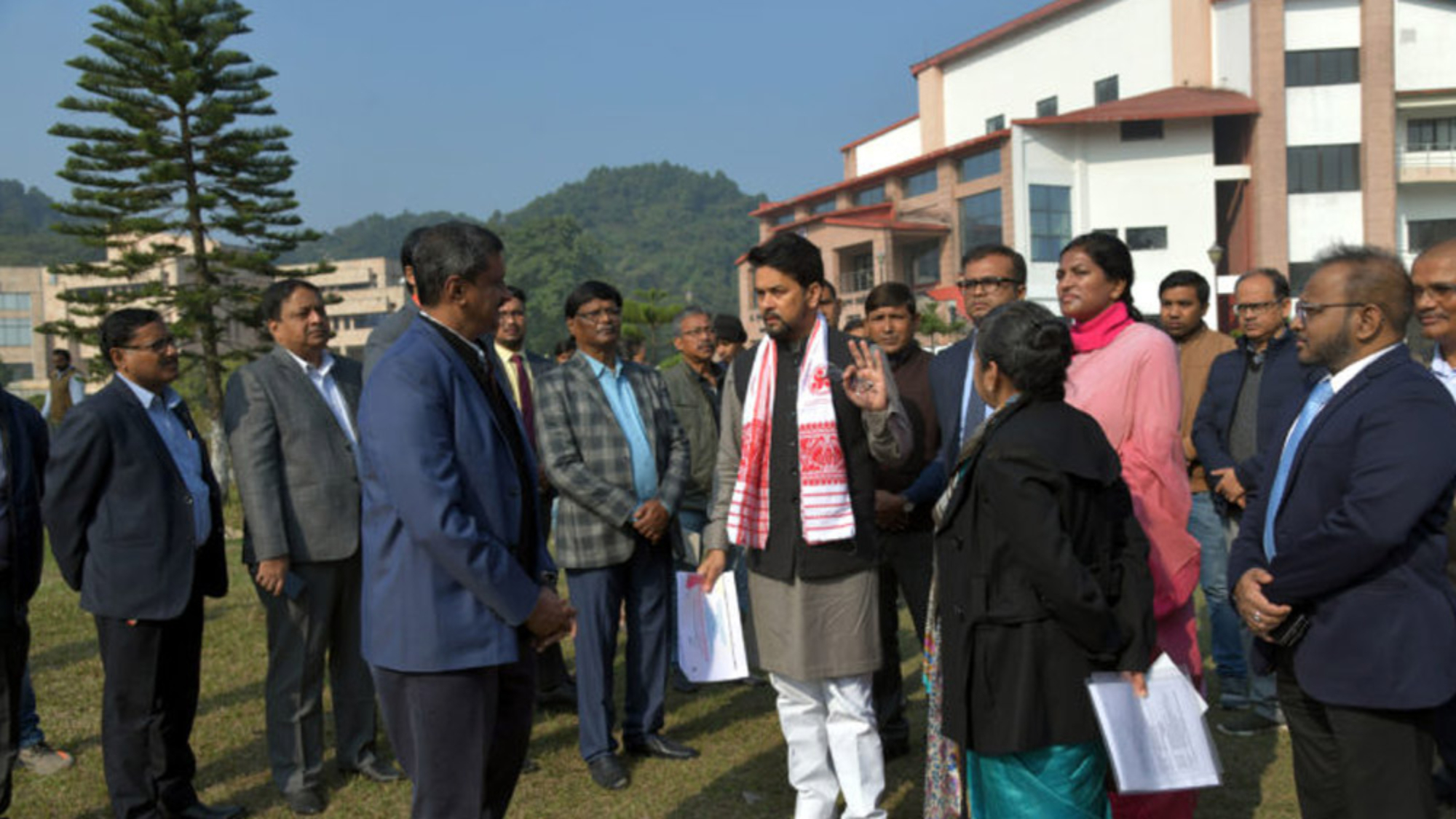 Union minister Anurag Singh Thakur reviews preparations for next month's Y20 Group meeting, during a visit to IIT-Guwahati on Thursday.