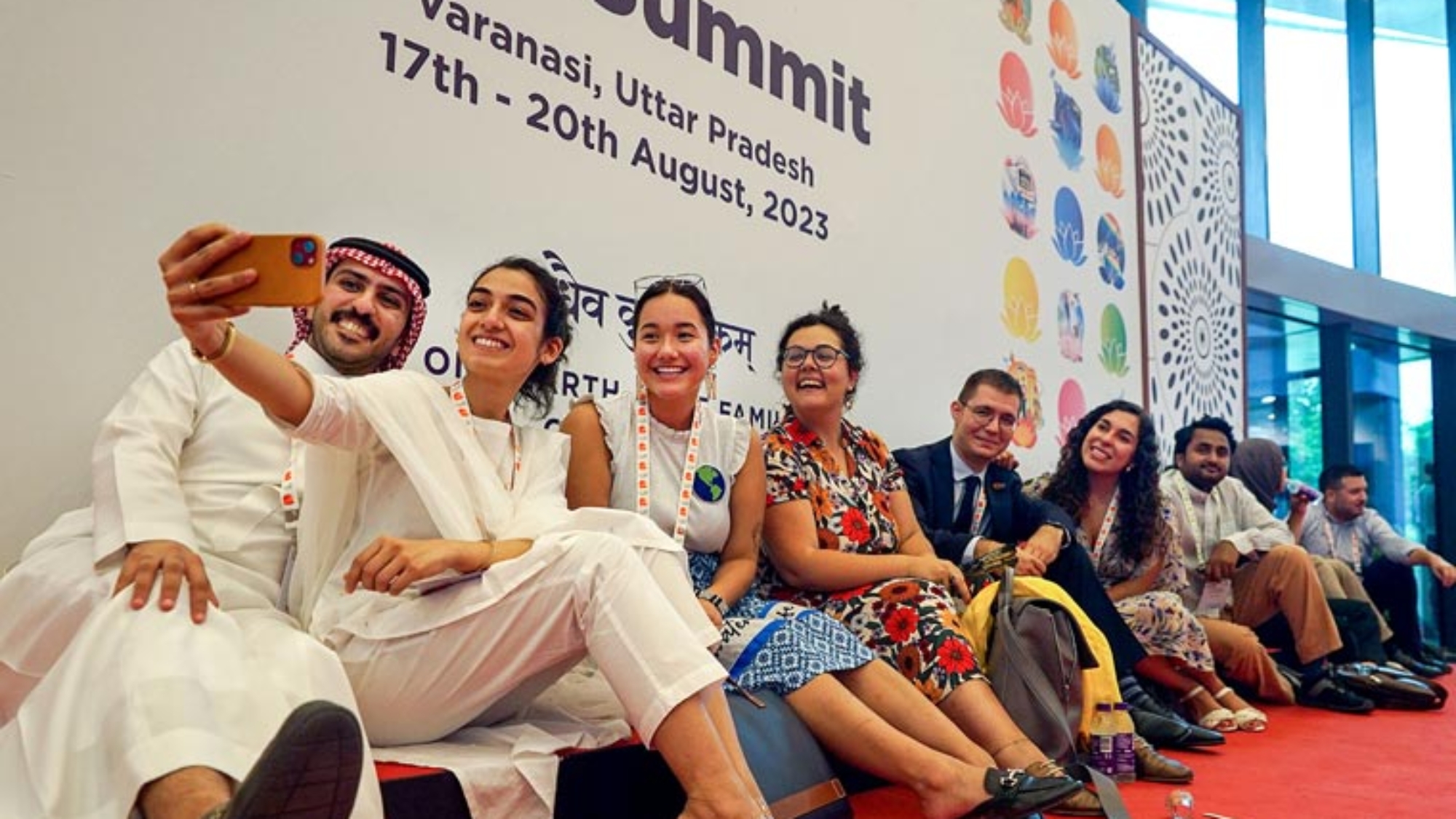 Foreign delegates click a selfie during the Y20 Summit, in Varanasi | PTI