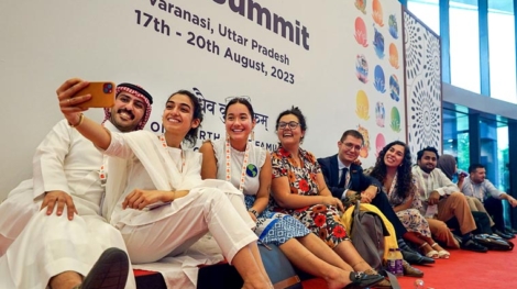 Foreign delegates click a selfie during the Y20 Summit, in Varanasi | PTI